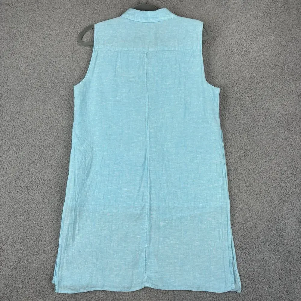 Chicos 100% Linen Tunic Dress Medium Aqua Beachy Coastal Resort Cruise Natural - Picture 11 of 12
